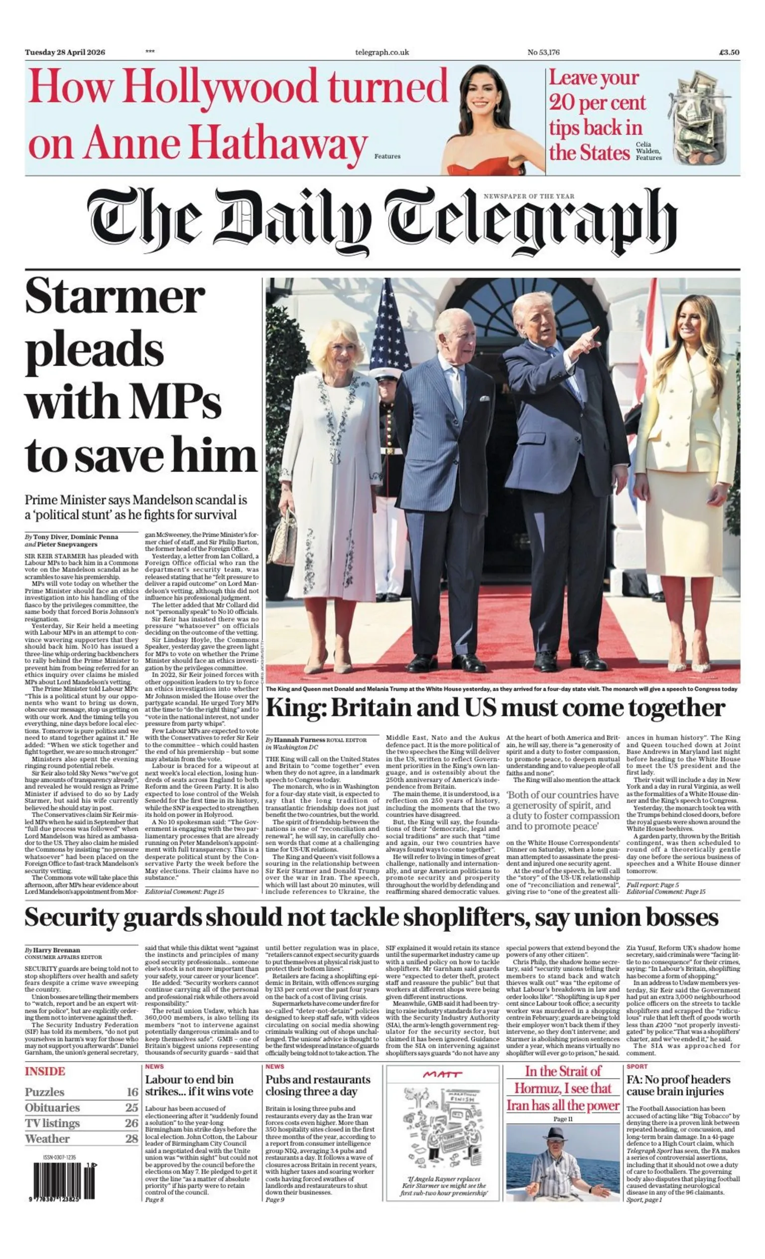 The headline on the front page of the Daily Telegraph reads: 