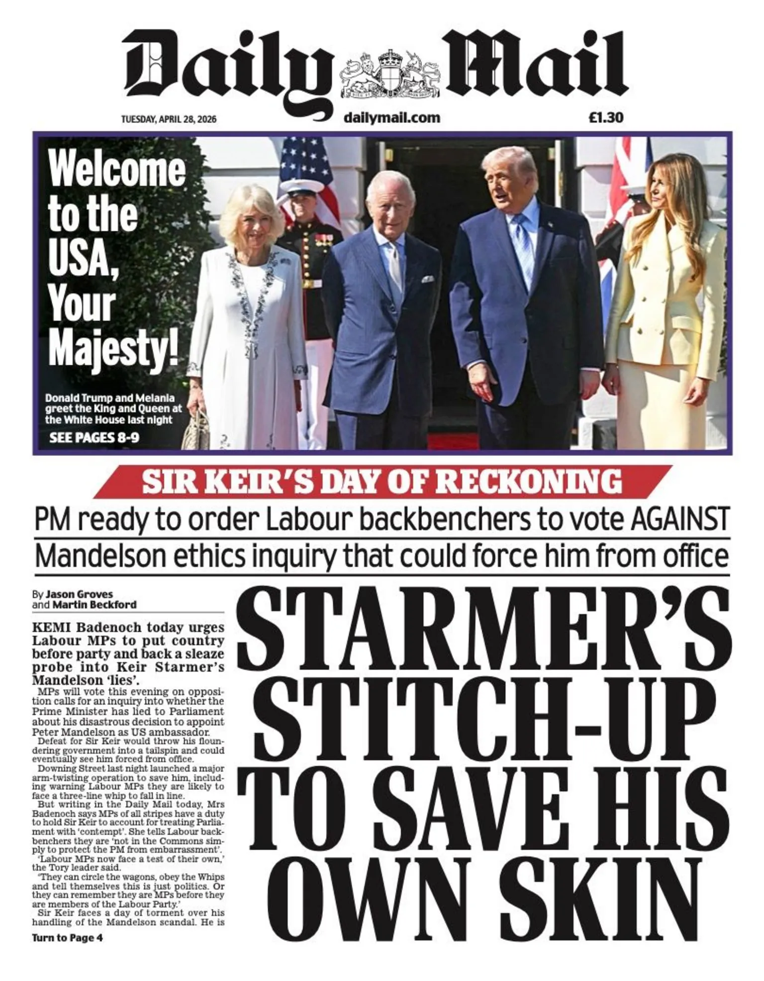 The headline on the front page of the Daily Mail reads: 