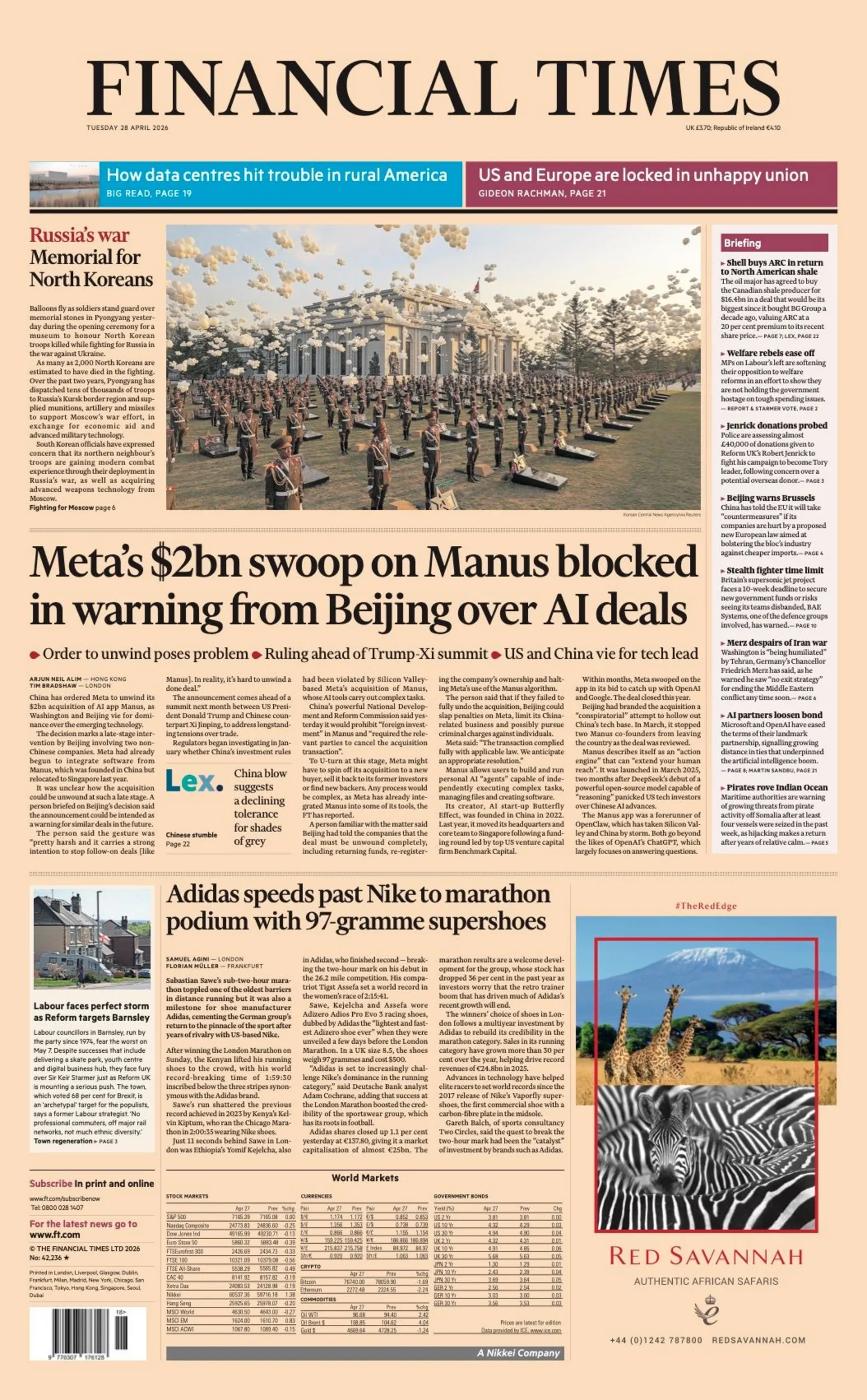 The headline on the front page of the Financial Times reads: 
