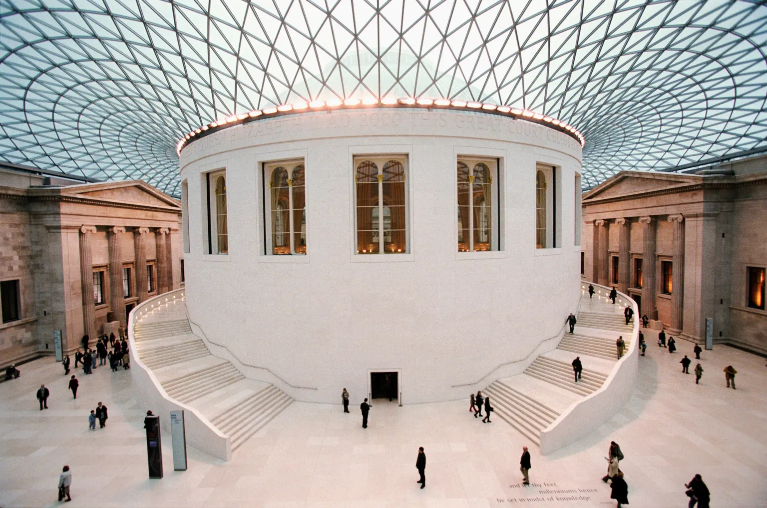  British Museum internal courtyard with spiral staircase on both sides. Glass meche roof