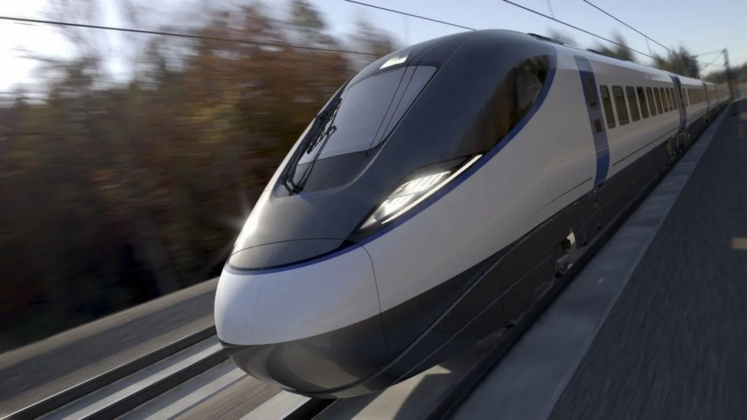 HS2 An artists impression of a train running on the High Speed Two railway line. The trains is blue and white and is moving quickly, with overhead electric wires above.