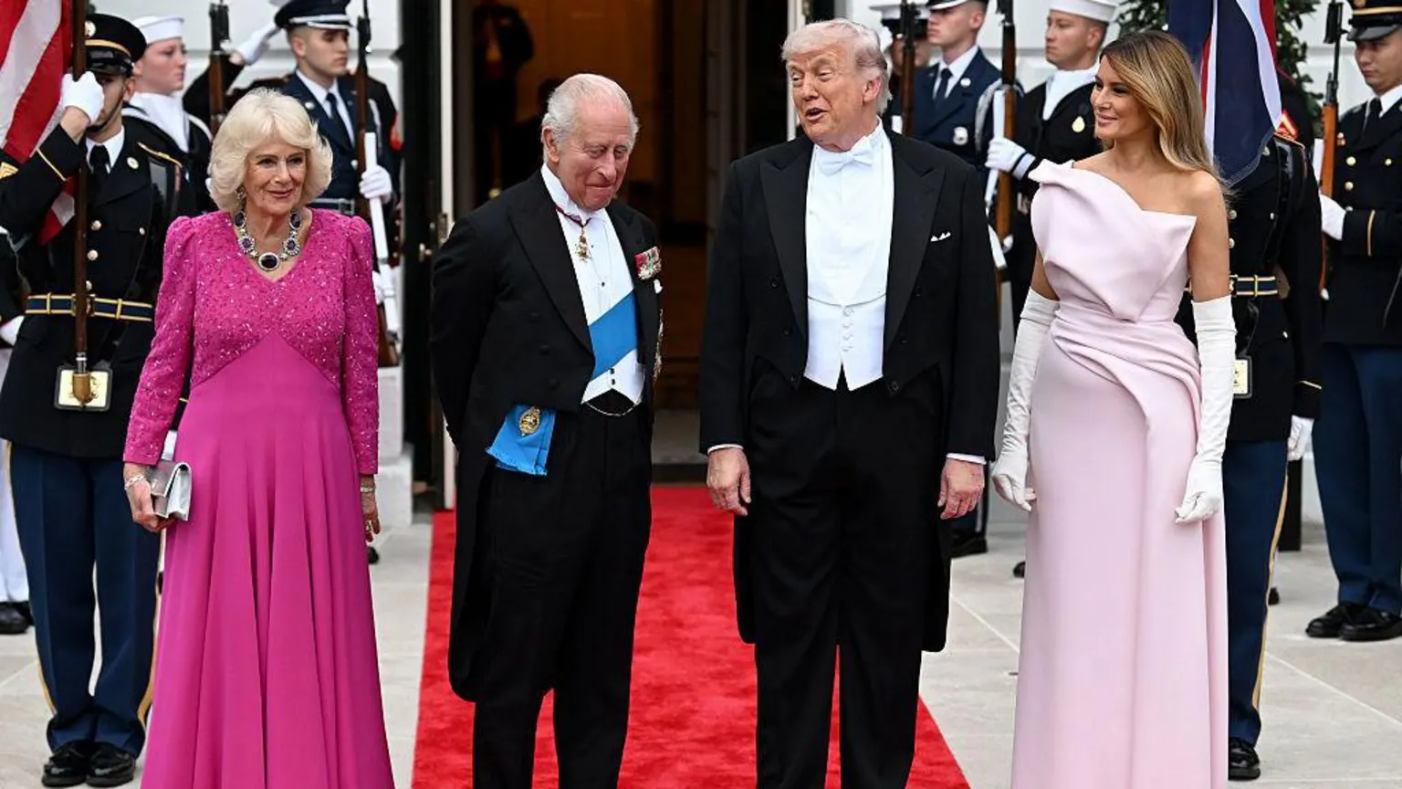  Queen Camilla, King Charles III, U.S. President Donald Trump, and First Lady Melania Trump pose outside during an official state dinner 