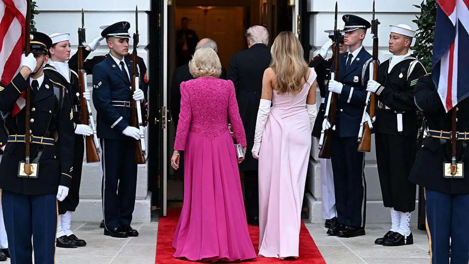  Queen Camilla, King Charles III, U.S. President Donald Trump and First Lady Melania Trump enter The White House during an official state dinner hosted by the President and First Lady on day two of the State Visit of King Charles III and Queen Camilla to the United States of America, on April 28, 2026 in Washington, DC. 