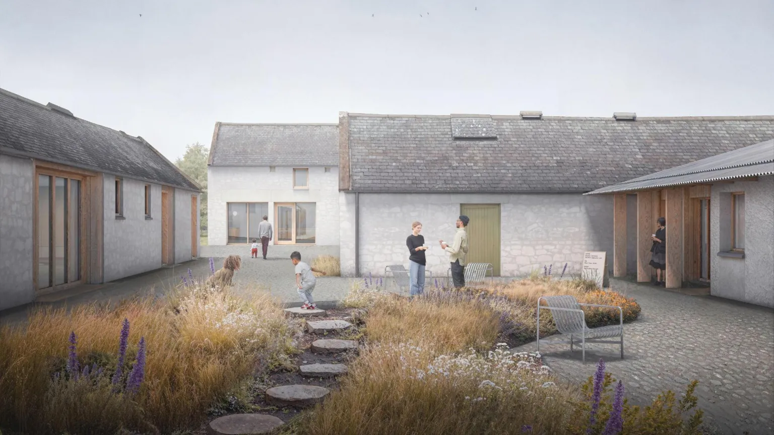 Axson for Robert Burns Trust (design by Collective Architecture) An artist's impression of the development of Ellisland Farm. A courtyard surrounded by single-storey stone buildings, painted white with pitched slate roofs. The yard appears to be cobbled and there are shrubs and grasses in the foreground with stepping stones running through them. 