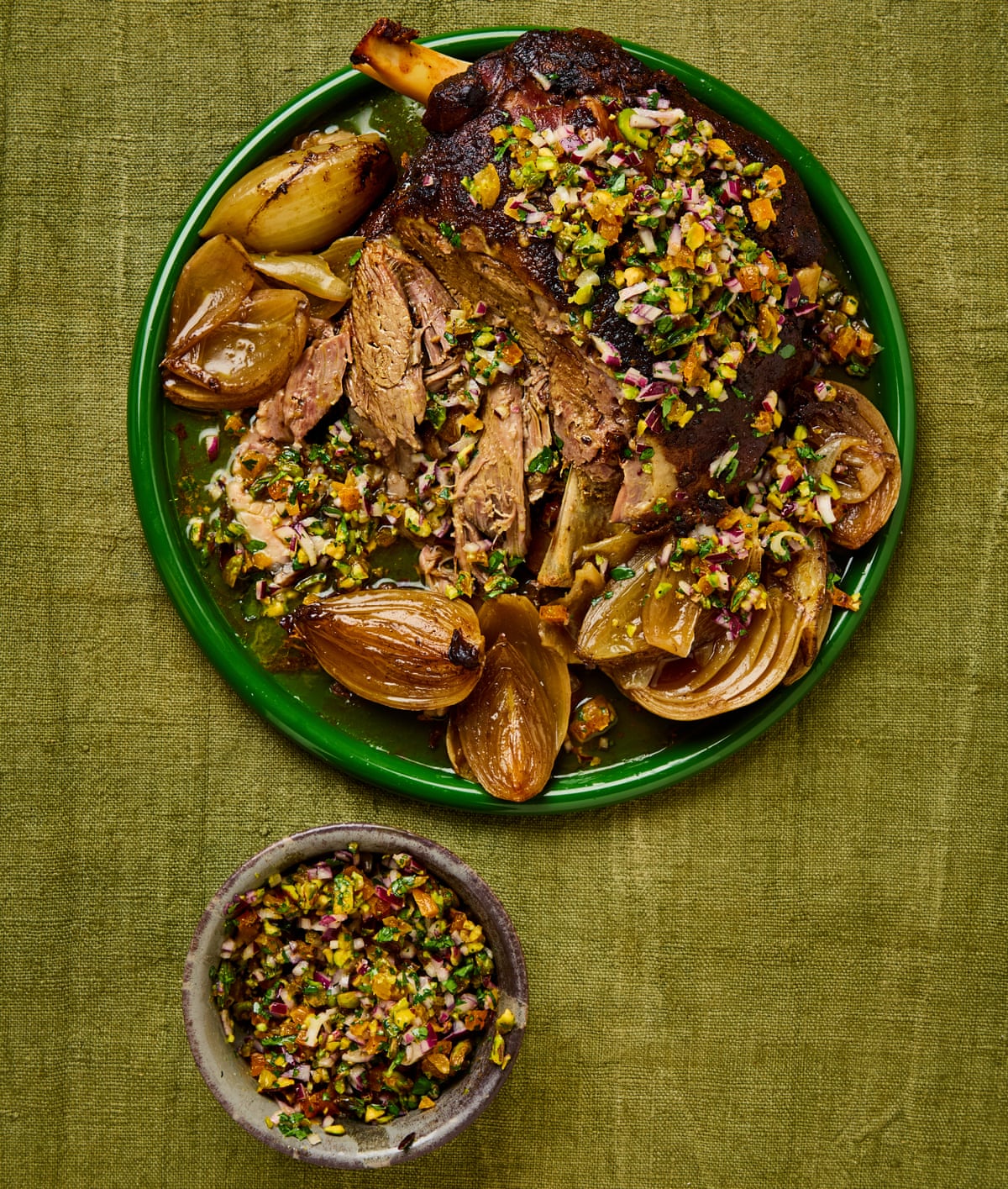 Nargisse Benkabbou’s ras el hanout lamb shoulder méchoui with pistachio and apricot salsa.