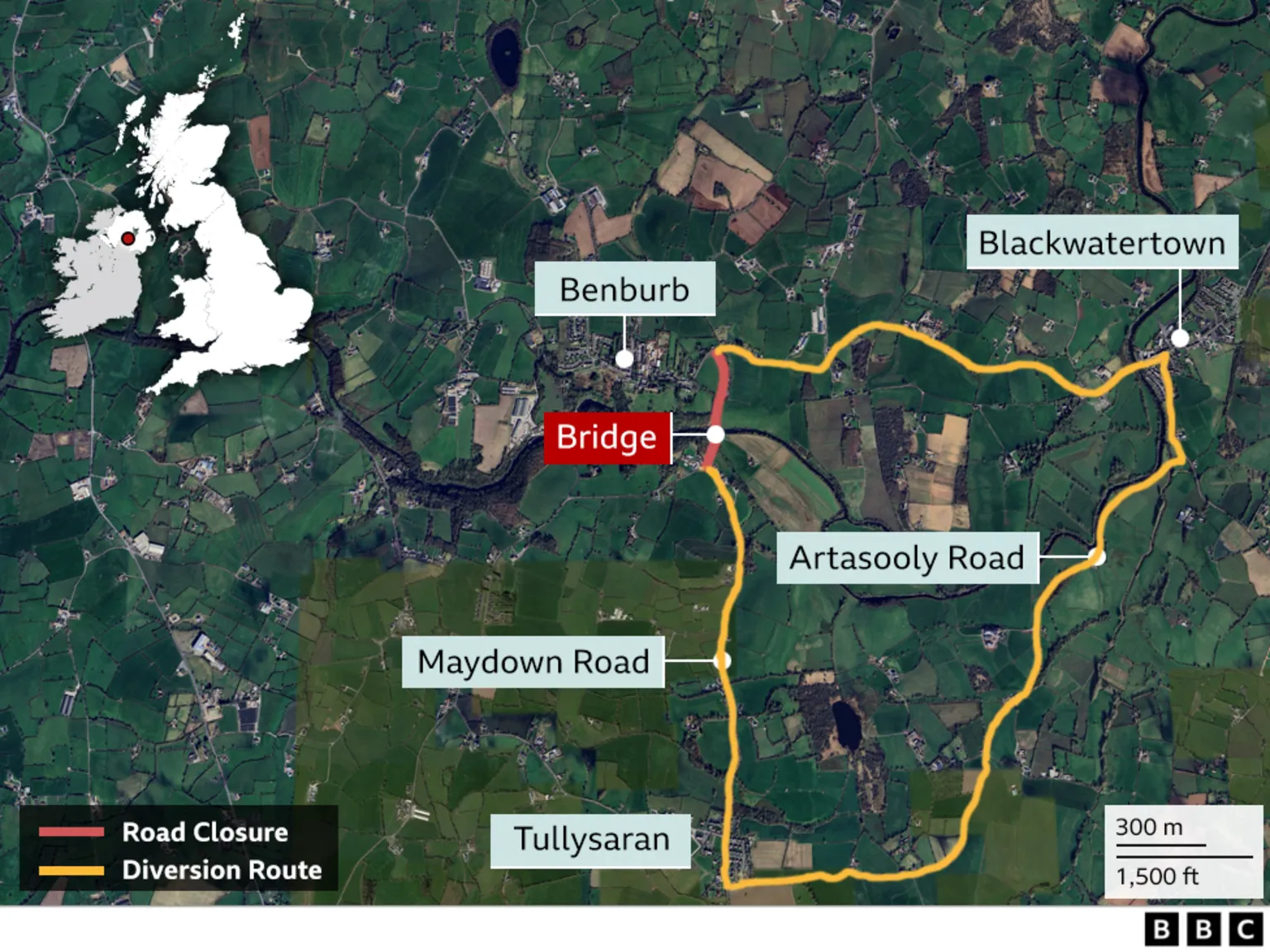A map showing the area of Benburb and Tullysarran. In red the short road closure over the bridge is marked. In yellow a much longer route shows the diversion between Tullysaran and Benburb, heading south and then looping to the east through Blackwater town before coming back west to Benburb.
