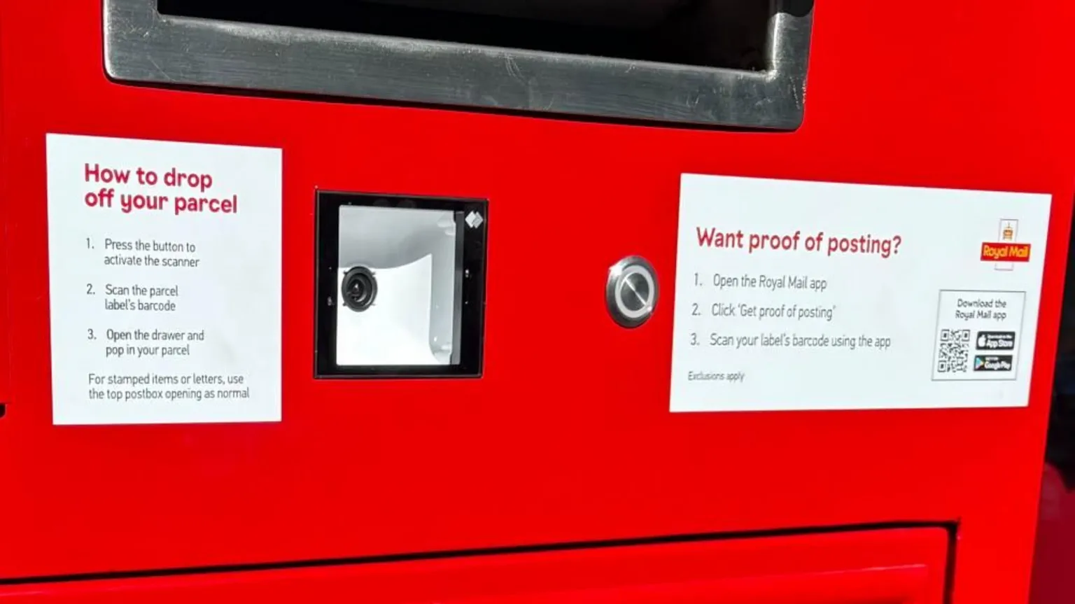 A close up of a red postbox. There is a small inbuilt scanner with instructions on how to use the postbox either side of the scanner.