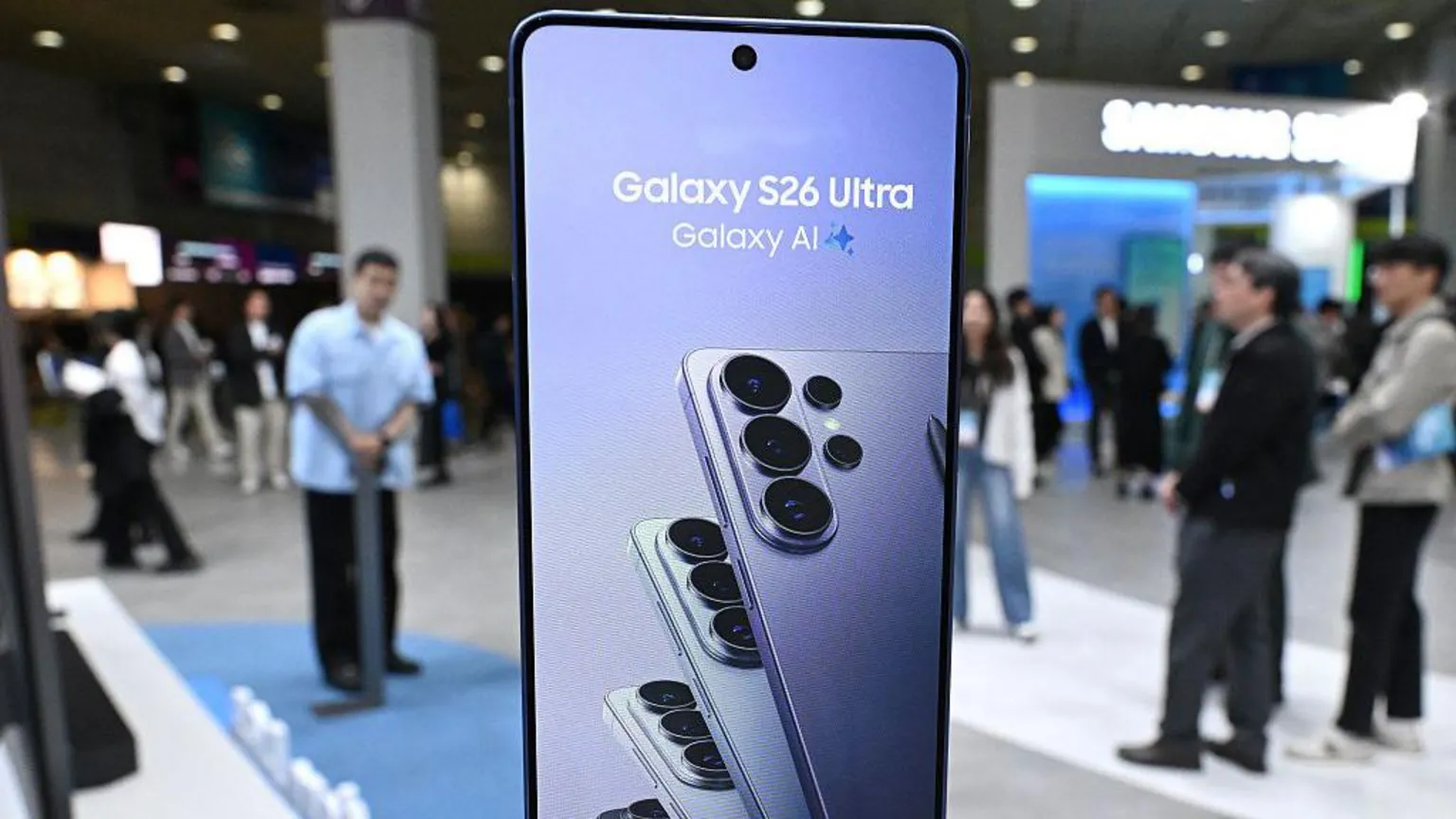 AFP via A Galaxy S26 Ultra smartphone is displayed at the Samsung booth during the 2026 World IT Show in Seoul on 22 April, 2026.