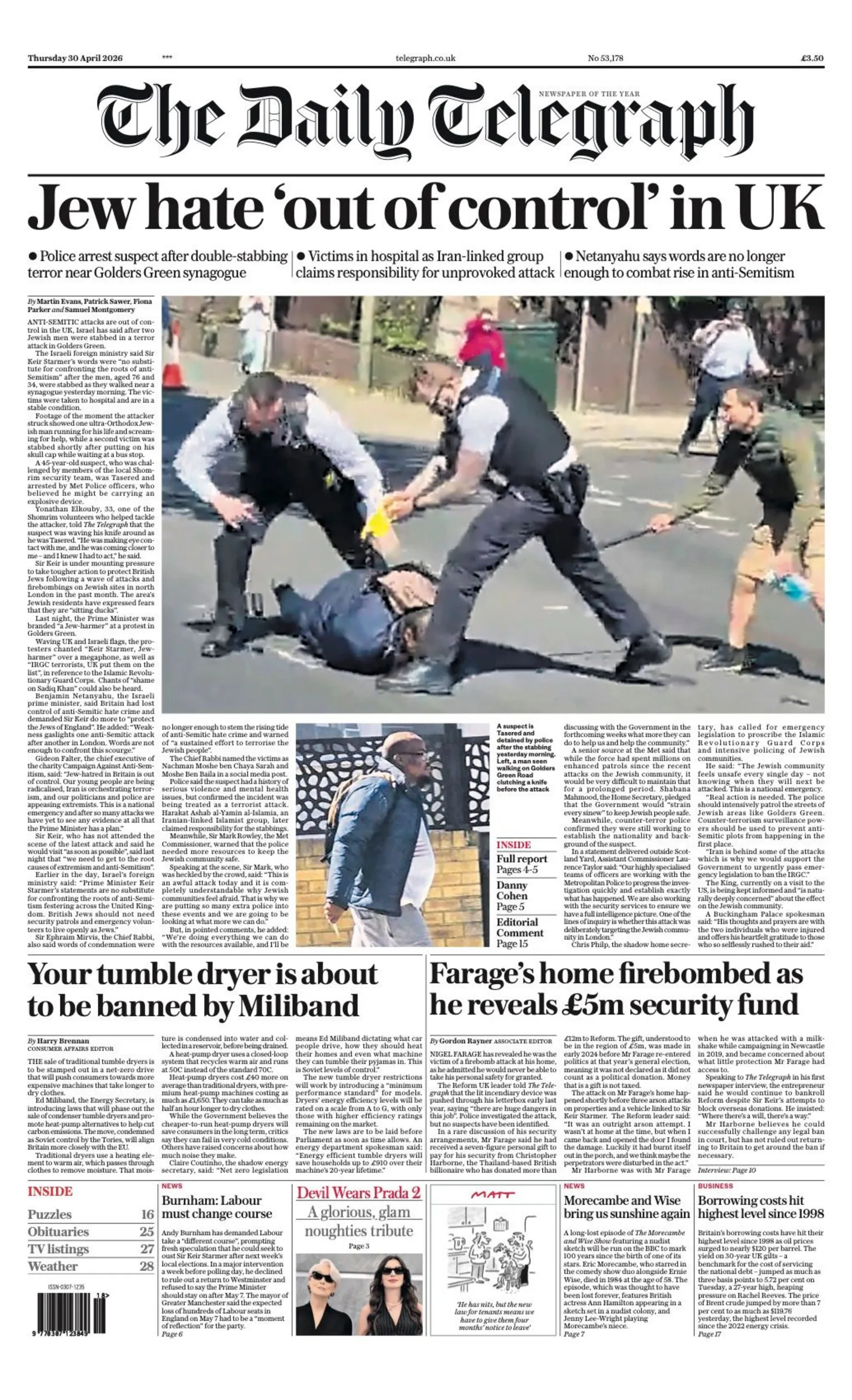 The headline on the front page of the Daily Telegraph reads: 