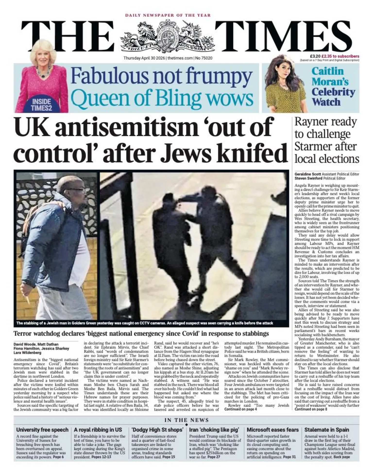 The headline on the front page of the Times reads: 