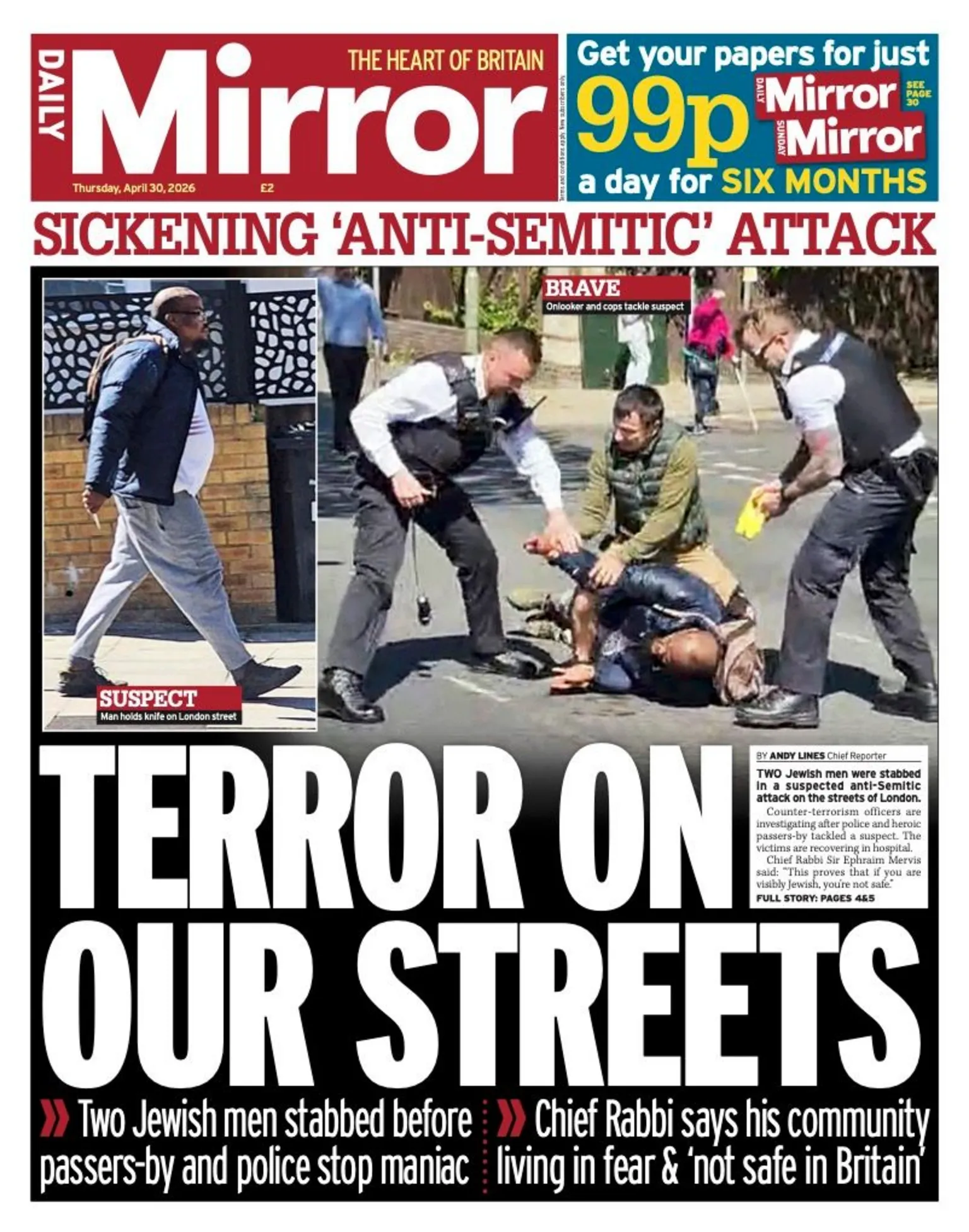 The headline on the front page of the Daily Mirror reads: 