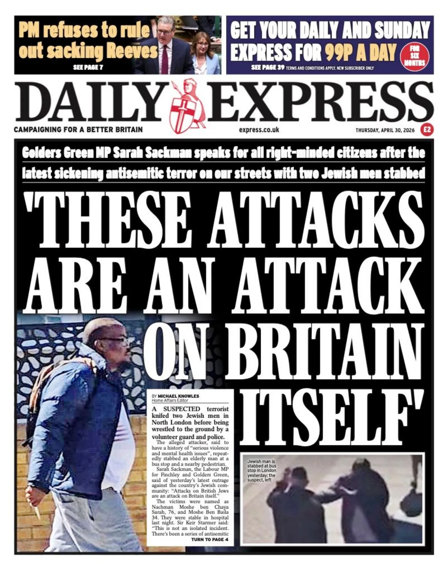 The headline on the front page of the Daily Express reads: 
