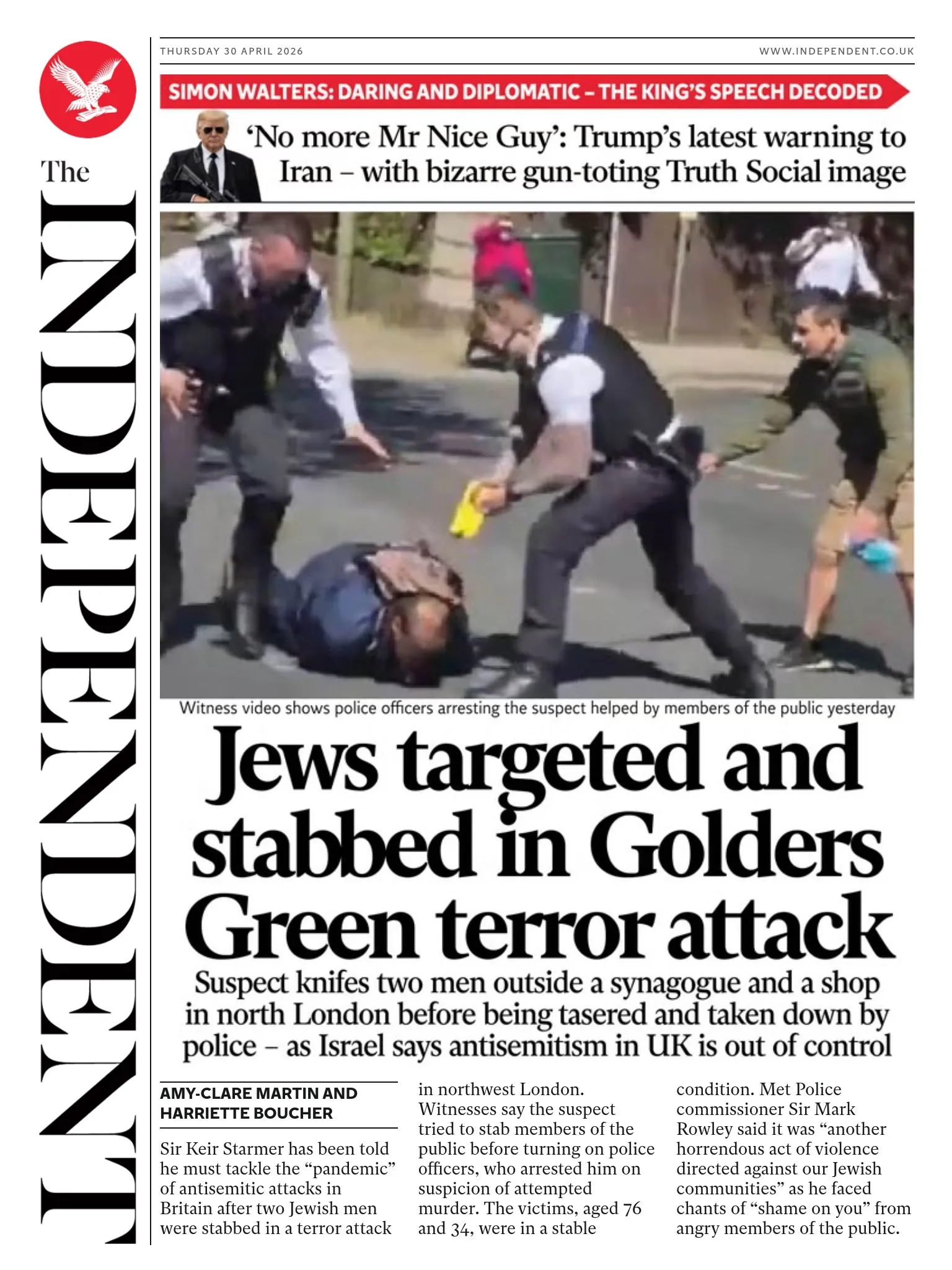 The headline on the front page of the Independent reads: 