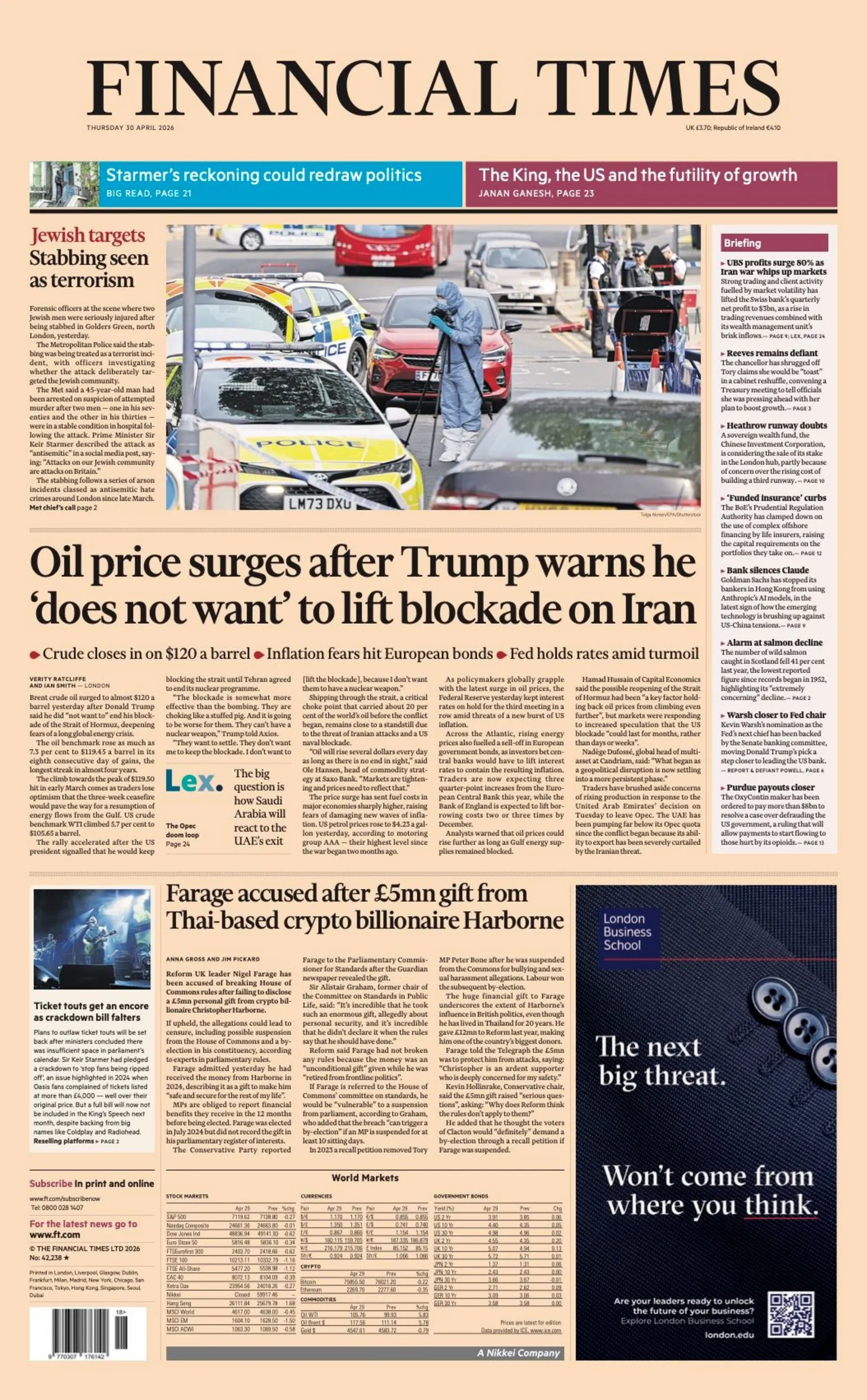 The headline on the front page of the Financial Times reads: 