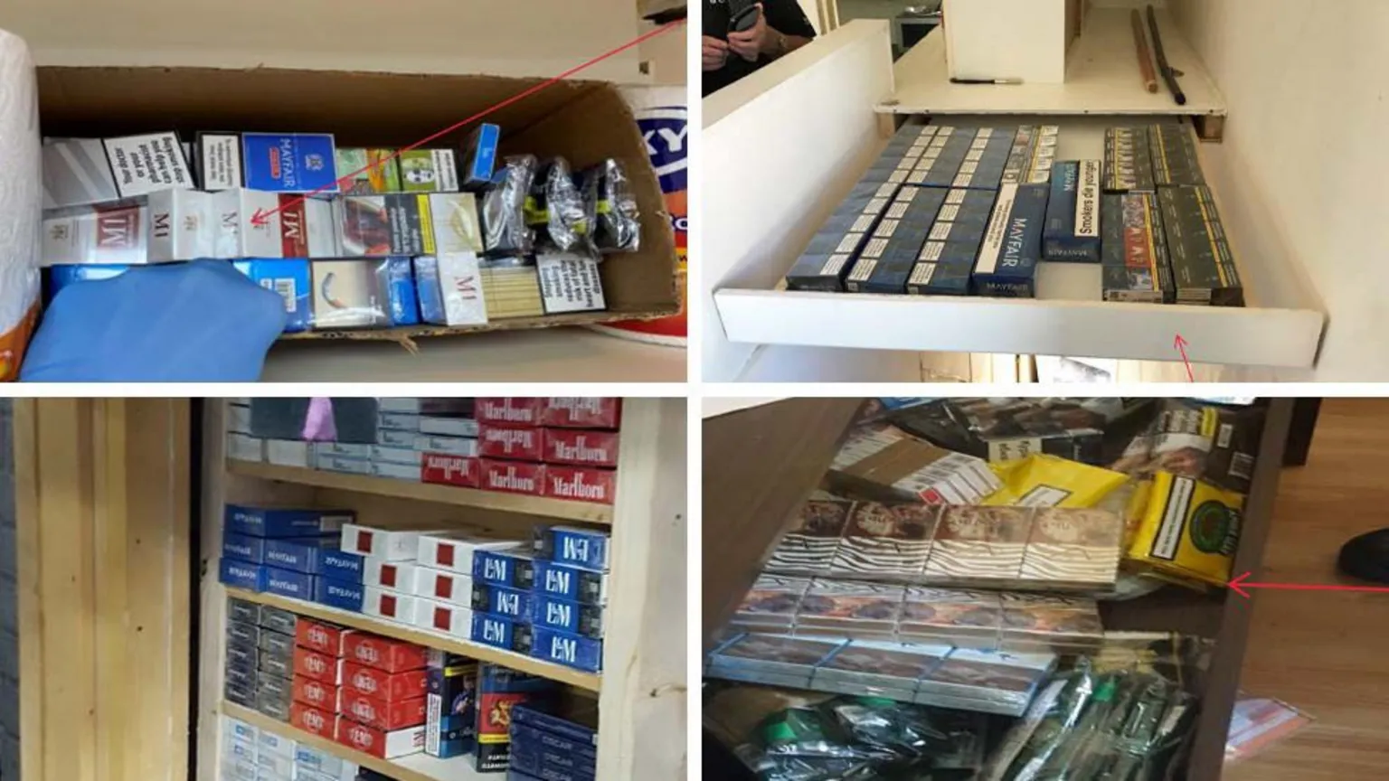 Four-panel composite image showing multiple collections of cigarette packets and tobacco stored in concealed or enclosed spaces.