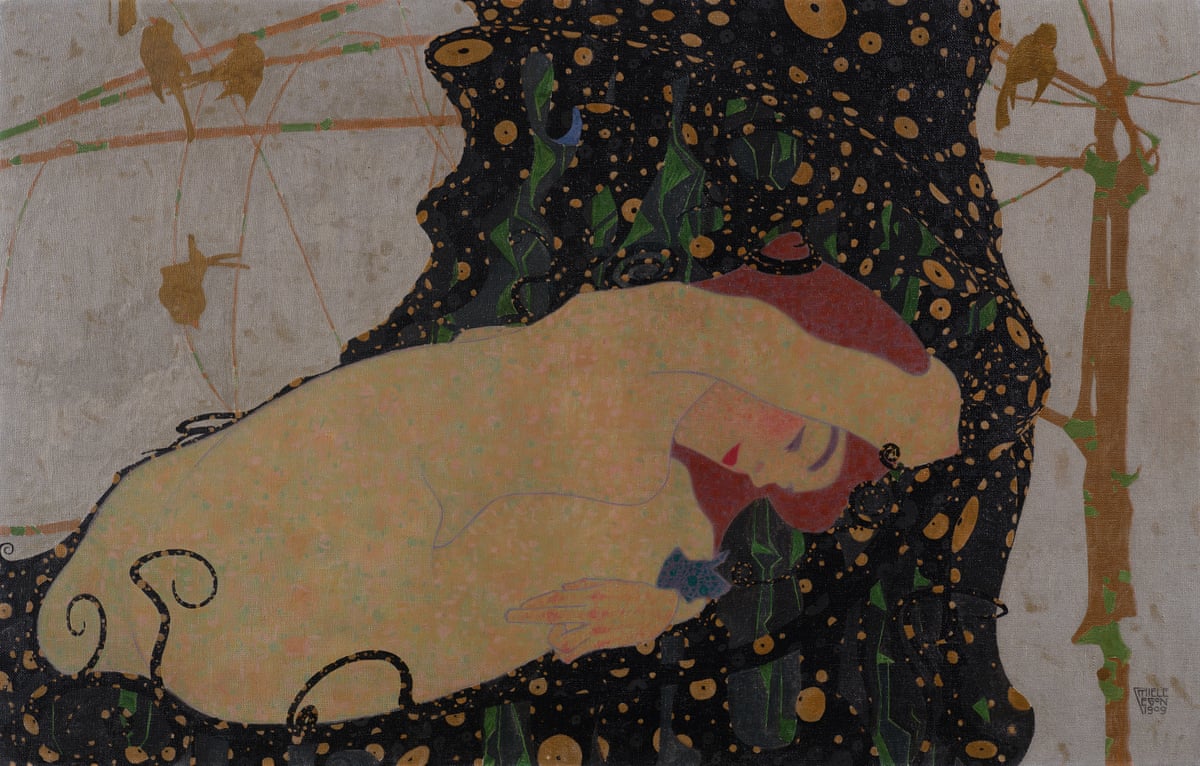 Egon Schiele’s painting of Danaë shows a reclining nude woman curled into herself, partially wrapped in a purple cloth, as a stream of golden light falls between her legs