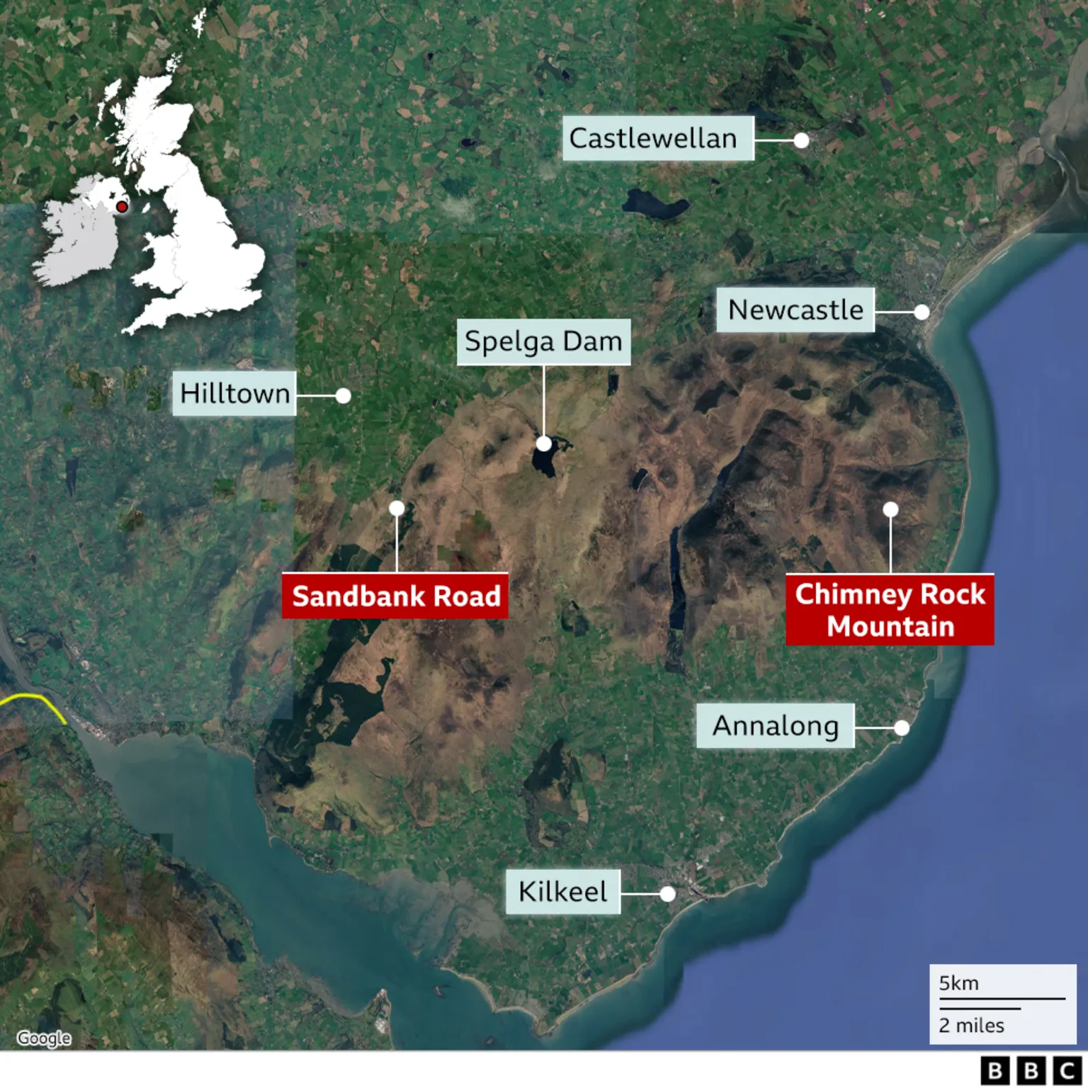 A map outlining the locations of wildfires in the Mourne Mountains 