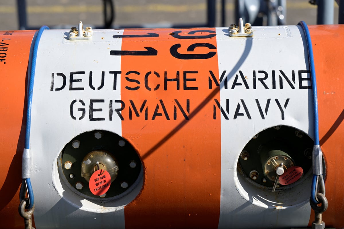 An underwater drone at the German Navy base presents capabilities and applications of mine countermeasures in Kiel, on 23 April.