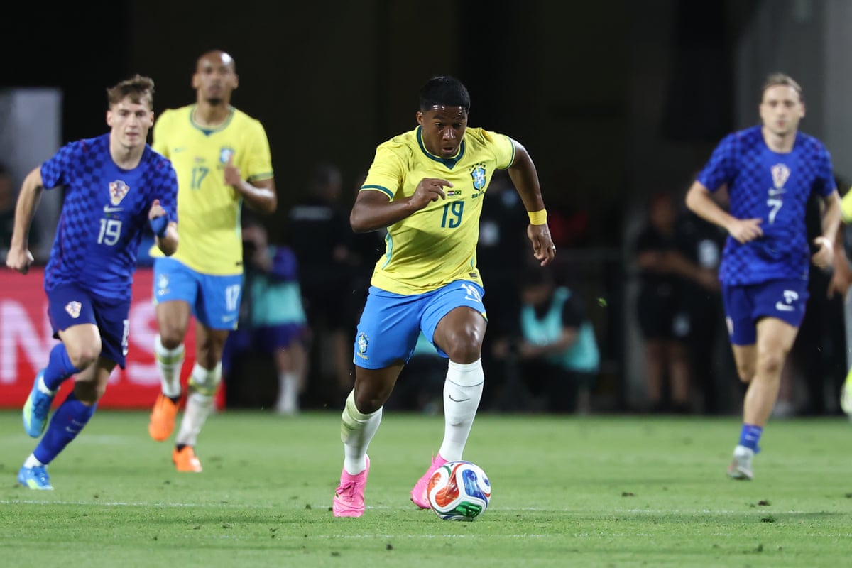 Brazil’s Endrick surges forward with the ball against Croatia.
