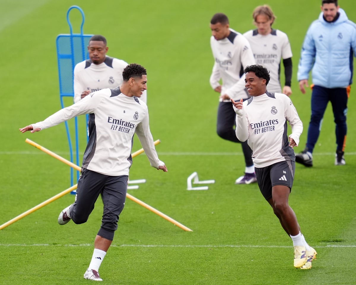 Real Madrid’s Jude Bellingham (left) and Endrick share a laugh during a Real Madrid training session.