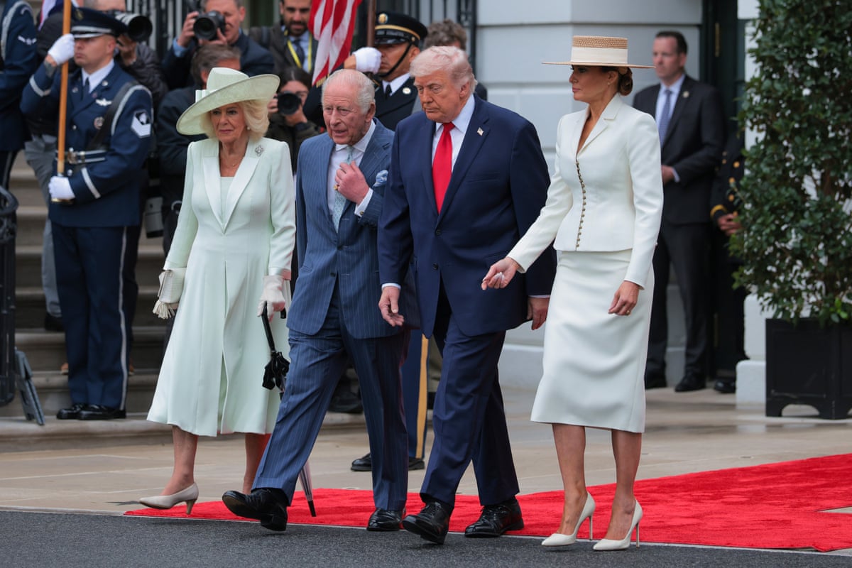 Queen Camilla, King Charles III, U.S. President Donald Trump and First lady Melania Trump attend a state arrival ceremony on the South Lawn of the White House on April 28, 2026 in Washington, DC.