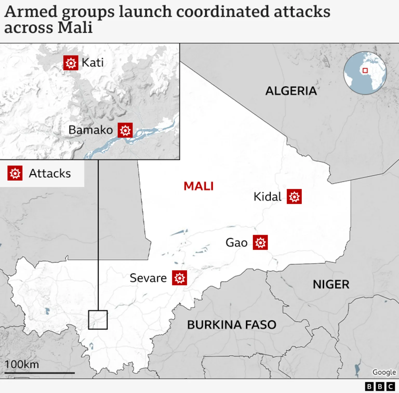 Map of Mali showing the different towns and cities that came under attack - Kidal, Gao, Sevare, Kati and Bamako