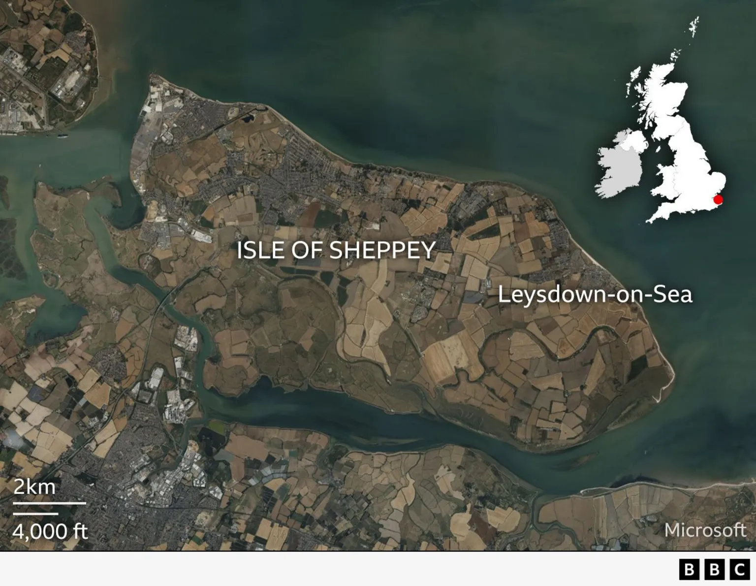 A map of the Isle of Sheppey. Leysdown-on-Sea is marked on the right of the map. A smaller map of Great Britain is embedded in the top right corner.