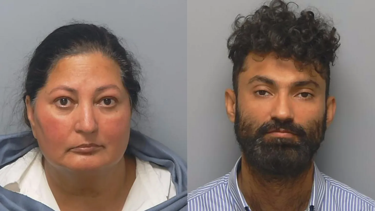 Hampshire and Isle of Wight Constabulary Mugshots of Ejaz and Khan. Ejaz is wearing a white shirt and blue jumper. Khan is wearing a striped blue and shirt shirt.