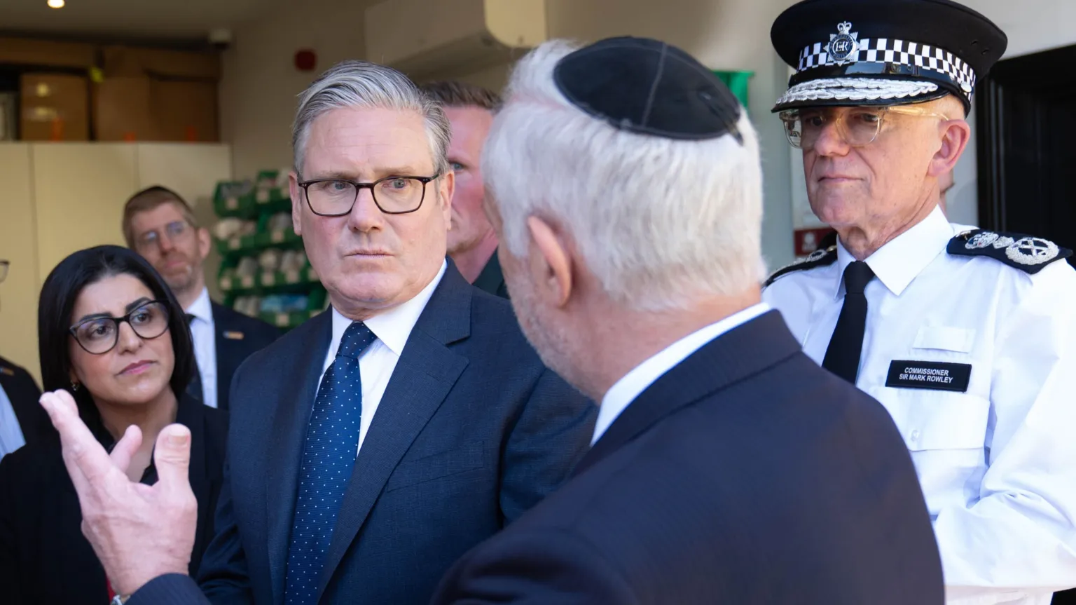  Prime Minister Sir Keir Starmer (centre) Metropolitan Police Commissioner Sir Mark Rowley (right) and Home Secretary Shabana Mahmood speaking with members of the Jewish community during a visit to Golders Green, north west London on Thursday, following a terror attack on Wednesday morning in which two men were stabbed