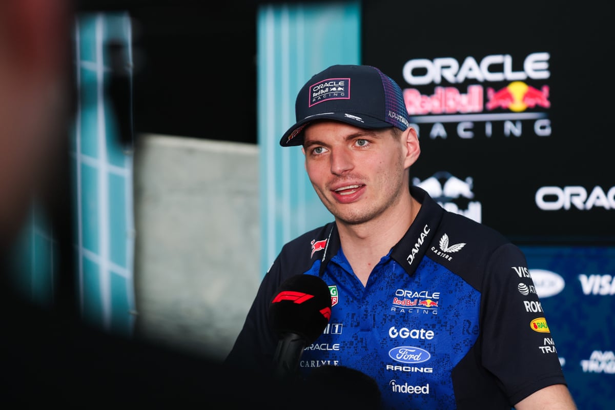 Red Bull’s Max Verstappen speaks to the assembled press ahead of the Miami Grand Prix.