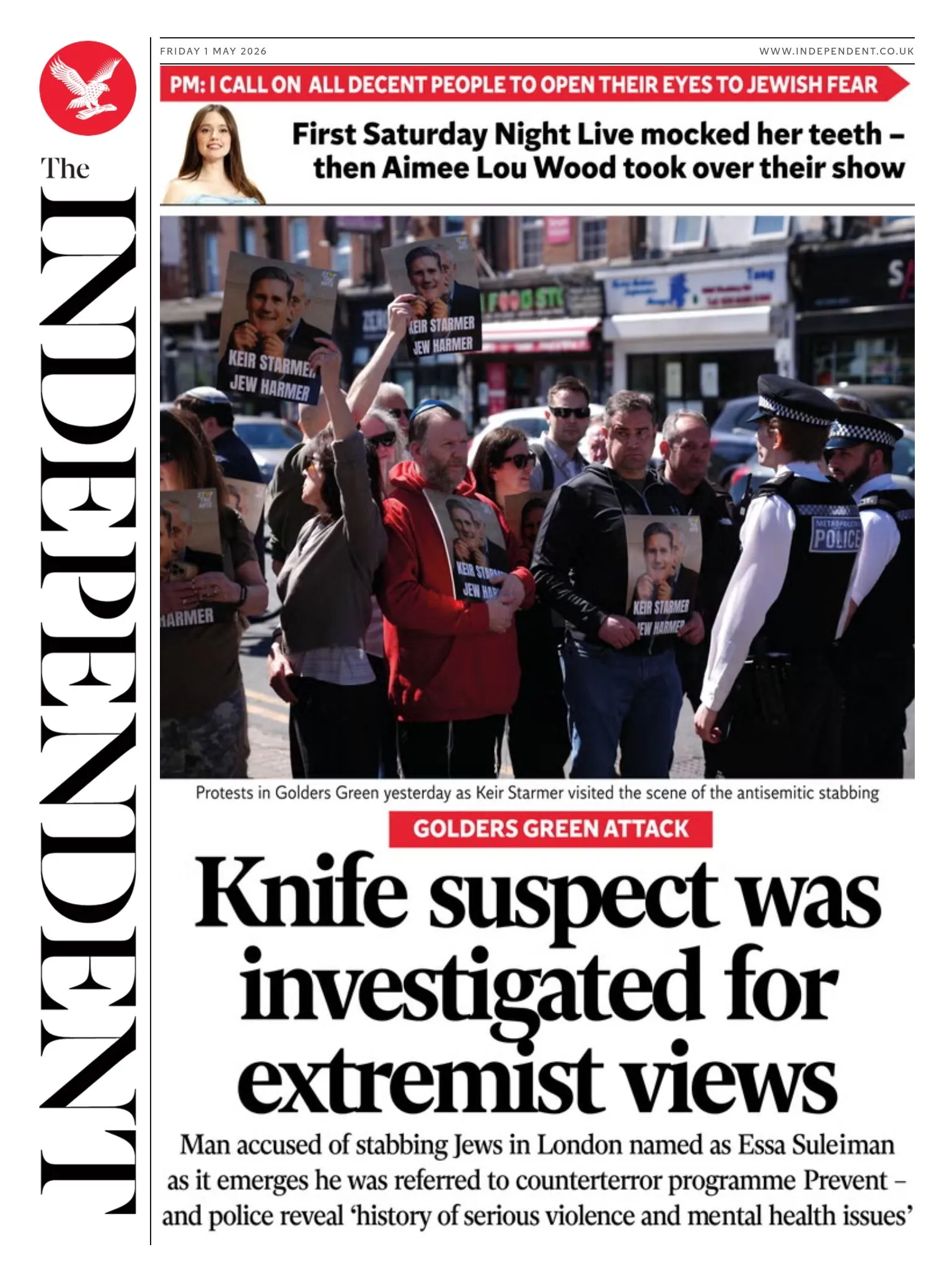 The headline on the front page of the Independent reads: “Knife suspect was investigated for extremist views”.