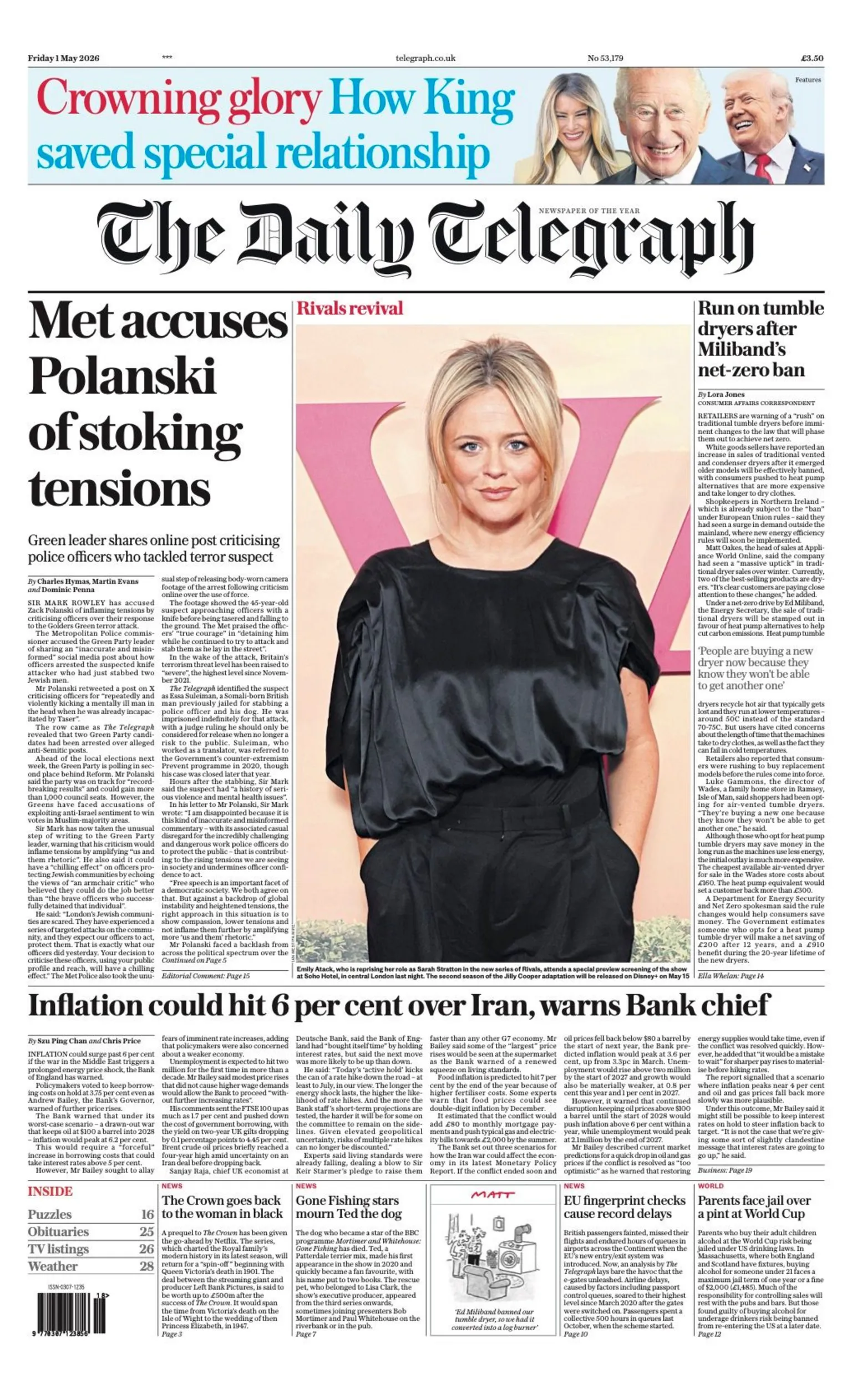 The headline on the front page of the Daily Telegraph reads: “Met accuses Polanski of stoking tensions”.