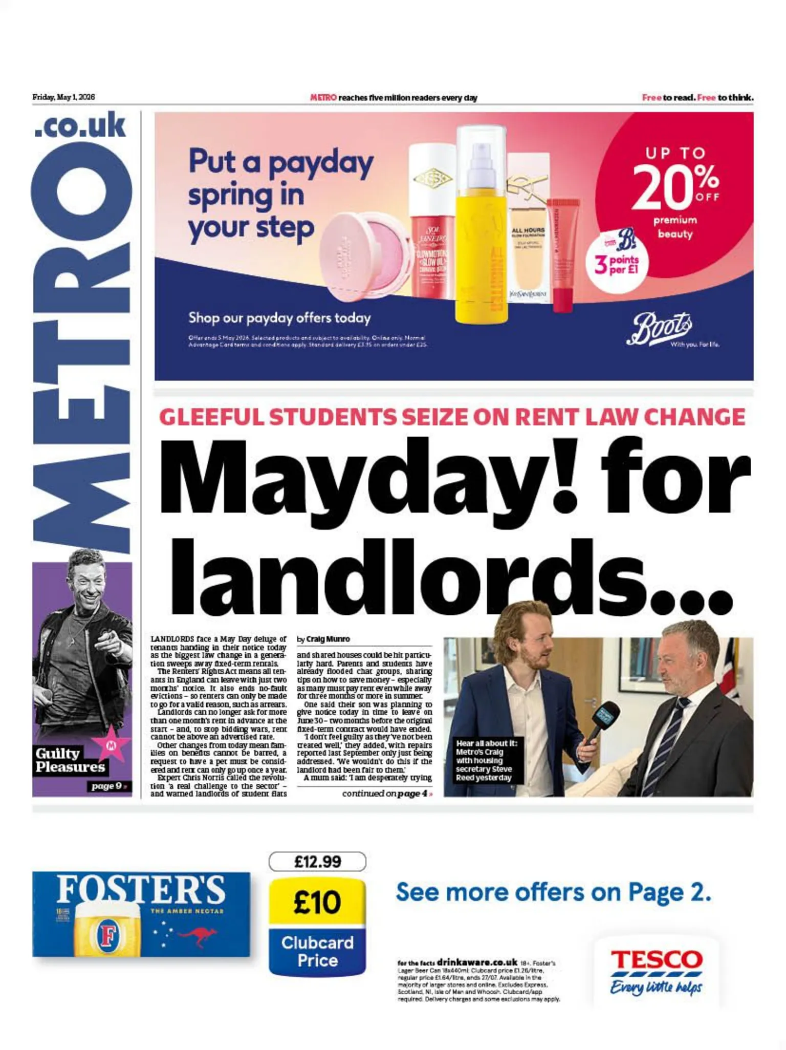 The headline on the front page of the Metro reads: “Mayday! for landlords...”.