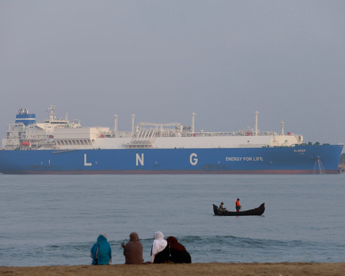 A large vessel with blue hull and the letters LNG in white in the distance, and people on a beach in the foreground