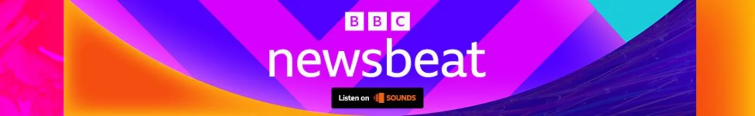 A footer logo for beat. It has the BBC logo and the word Newsbeat in white over a colorful background of violet, purple and orange shapes. At the bottom a black square reading 