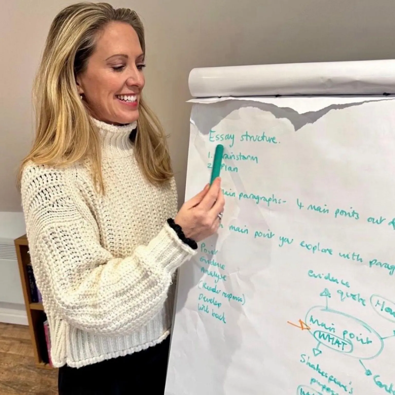 Ruth Havenga A woman with blonde hair wearing a cream jumper using a green pen on a large canvas of paper. 