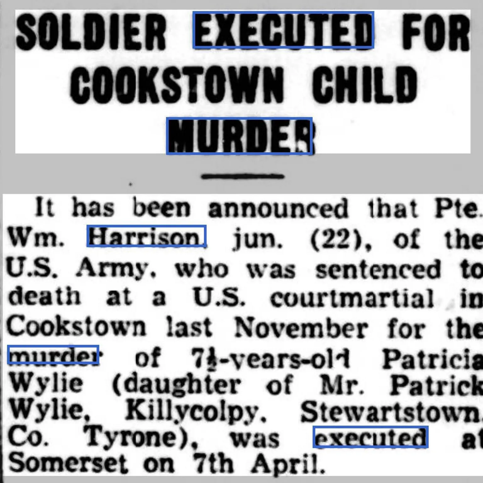 Annie Kalotschke A newspaper headline says Soldier executed for Cookstown child murder