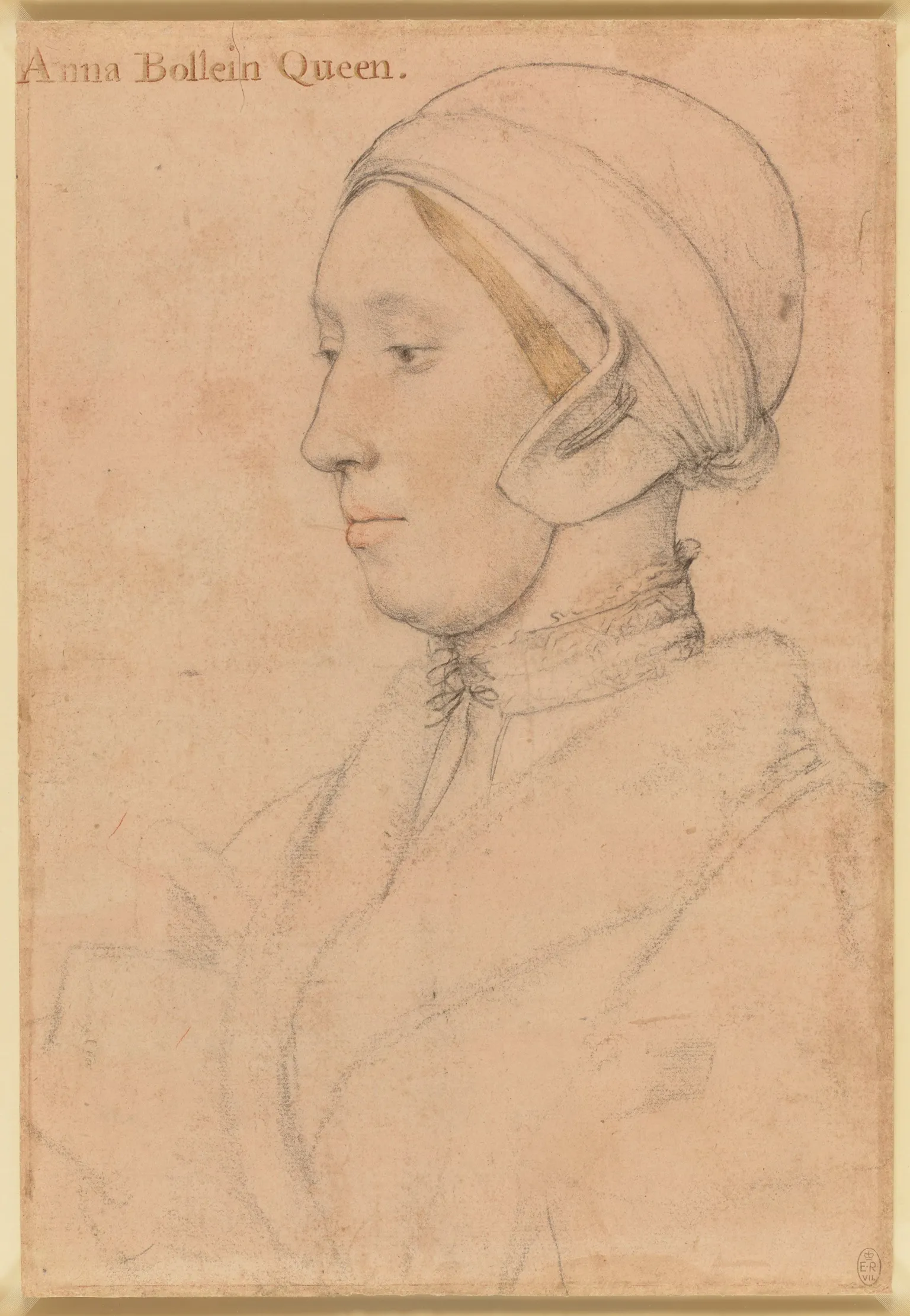 Royal Collection Enterprises Limited 2026 | Royal Collection Trust A sketch of a Tudor woman. Her face is turned to the side and her blonde hair is visible under a white cap. 