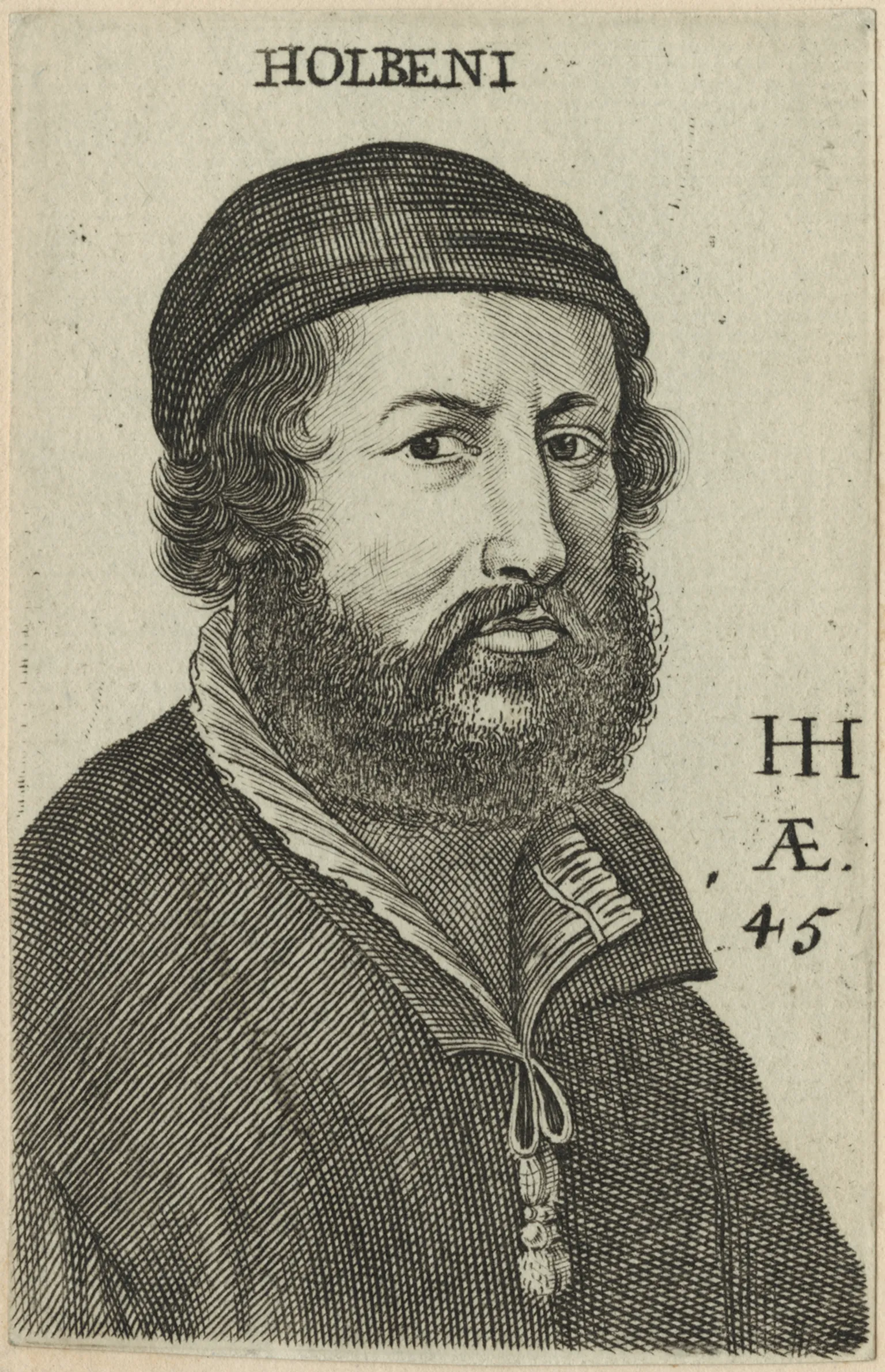National Portrait Gallery, London An etching of painter Hans Holbein the Younger, who is looking face on. He has a full beard and is wearing a cap. 
