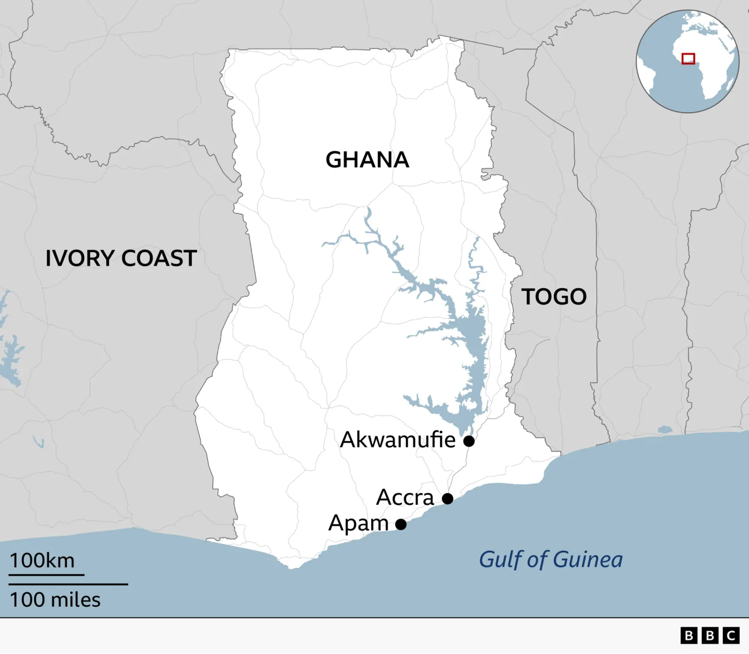 Map of Ghana showing its location in West Africa, bordered by Ivory Coast to the west and Togo to the east, with the Gulf of Guinea to the south. Other locations marked include Accra on the coast, Apam west of Accra, and Akwamufie north east of Accra. An inset globe highlights Ghana’s position in Africa.