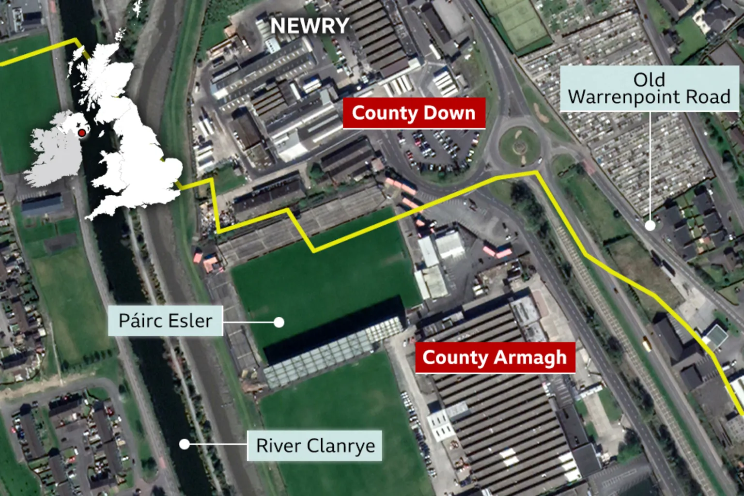 A map shows the border county line dissecting the Páirc Esler stadium in Newry