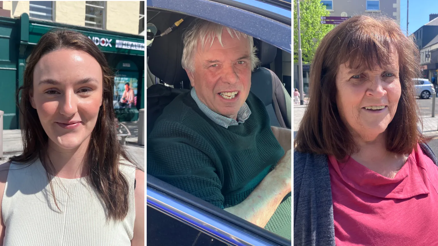 The picture is a composite image of three people. On the left Ciara McAteer has long brown hair and is wearing a cream sleeveless top, in the middle is Finn Rooney who is pictured in a car. He has white hair and a green jumper, the third image is of Joan Ferrick who has shoulder length brown hair and is dressed in a pink top. 
