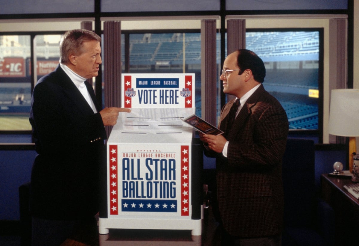 Jason Alexander (right) as Seinfeld’s George Costanza in a promo clip with the New York Yankees’ principal owner, George Steinbrenner.