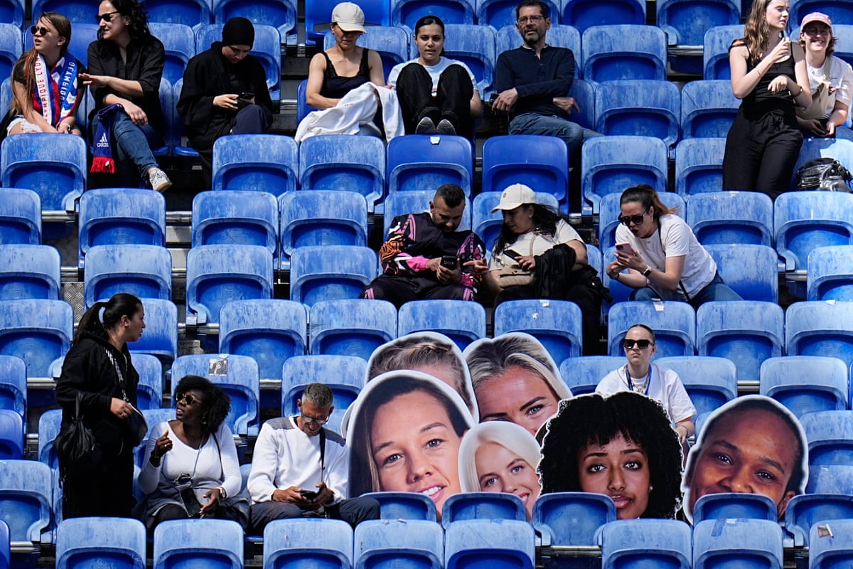 Enlarged pictures of OL Lyonnes players are placed on seats during the Women’s Champions League semi-final