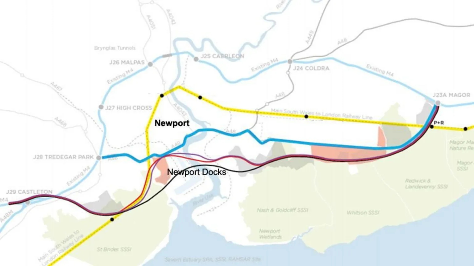 IWA/CILT A map with proposed routes in different colours.