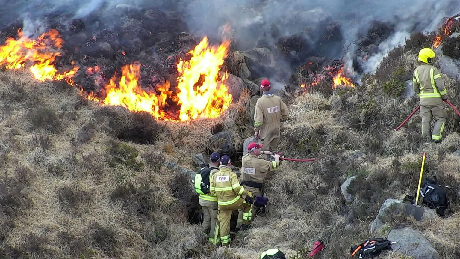  Five firefighters dressed in khaki uniforms battle flames on a gorse-covered slope of the mountains