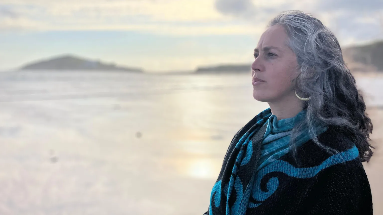 Parker A lady with grey and black hair looks out to the sea. She wears a striking blue and black patterned scarf. The shore is out of focus behind her as the sun shines. 