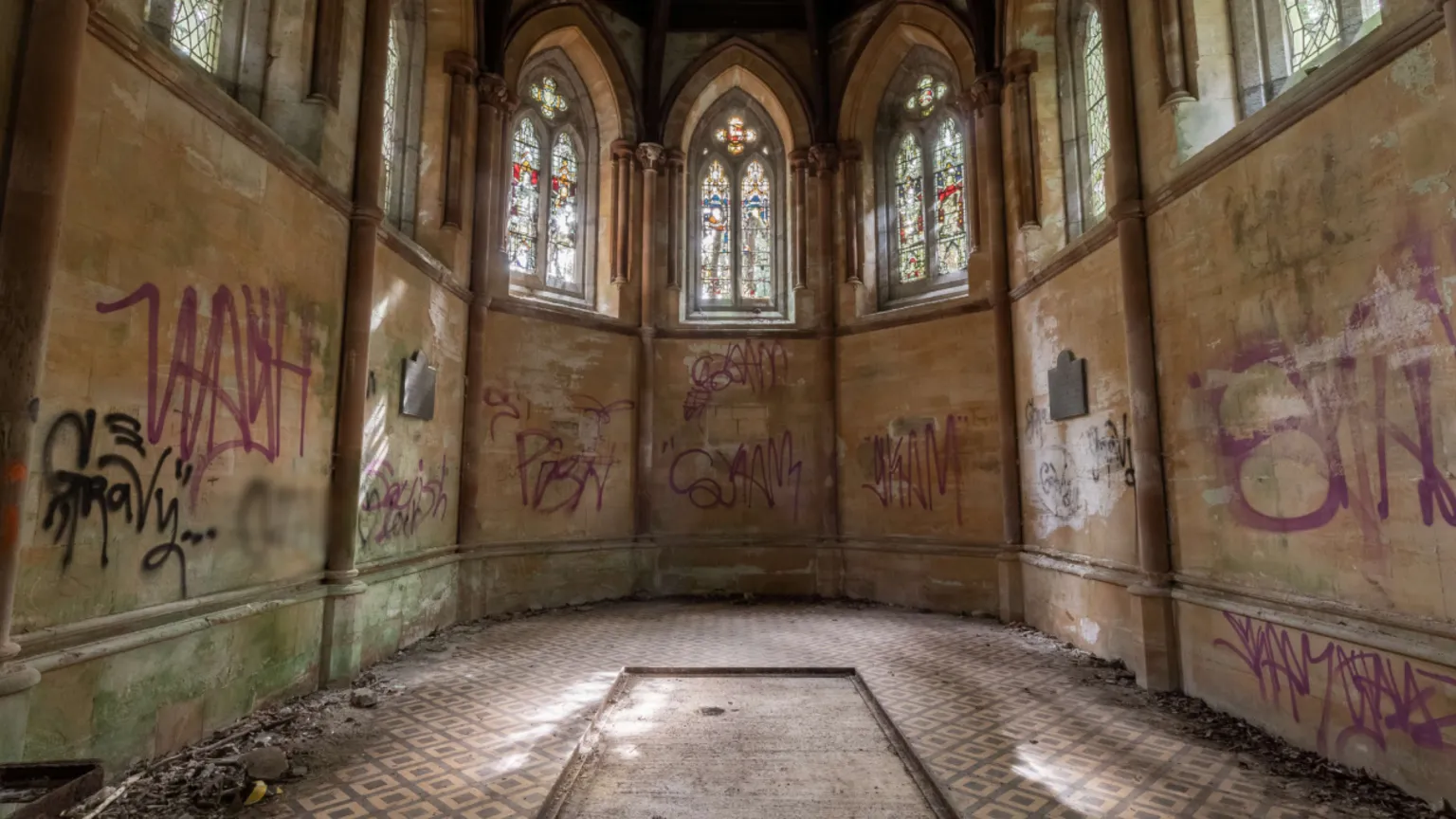 Dan Weatherley The mausoleum covered in graffiti 