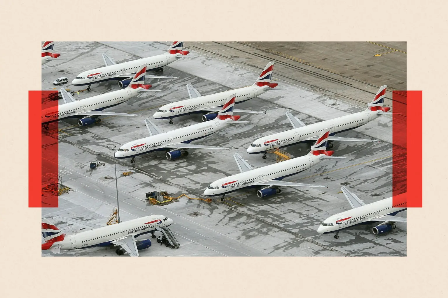  Aerial view of a group of British Airways passenger jets parked in rows, with aircraft close together and service equipment positioned around them on the tarmac.