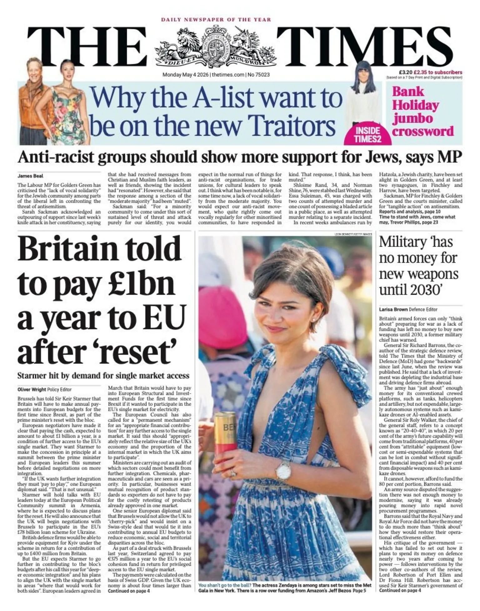 The headline on the front page of the Times reads: 